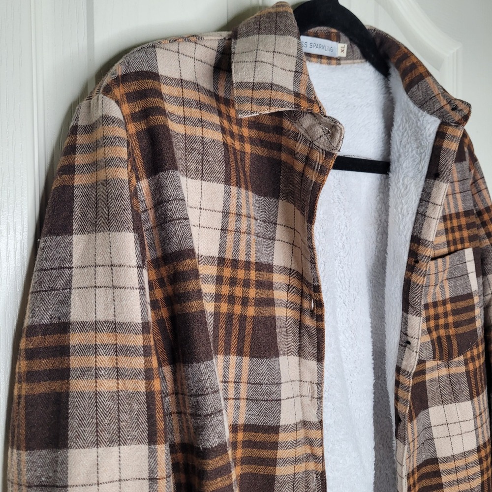 Miss Sparkling Women's Plaid Sherpa Lined Button Jacket XL Brown Beige Orange - Picture 4 of 7